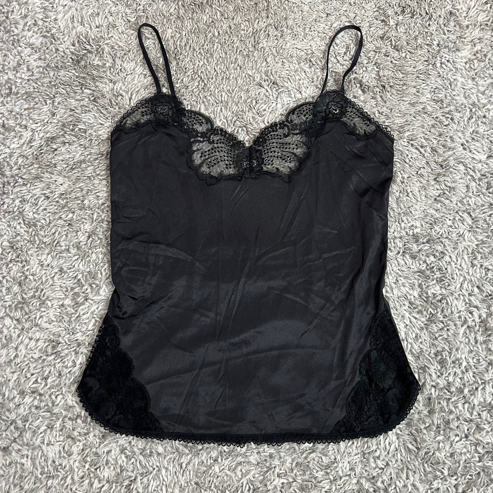 Vintage St Michael Black Nylon Satin Lace Camisole Cami Top Austria Size 12 (XS)
